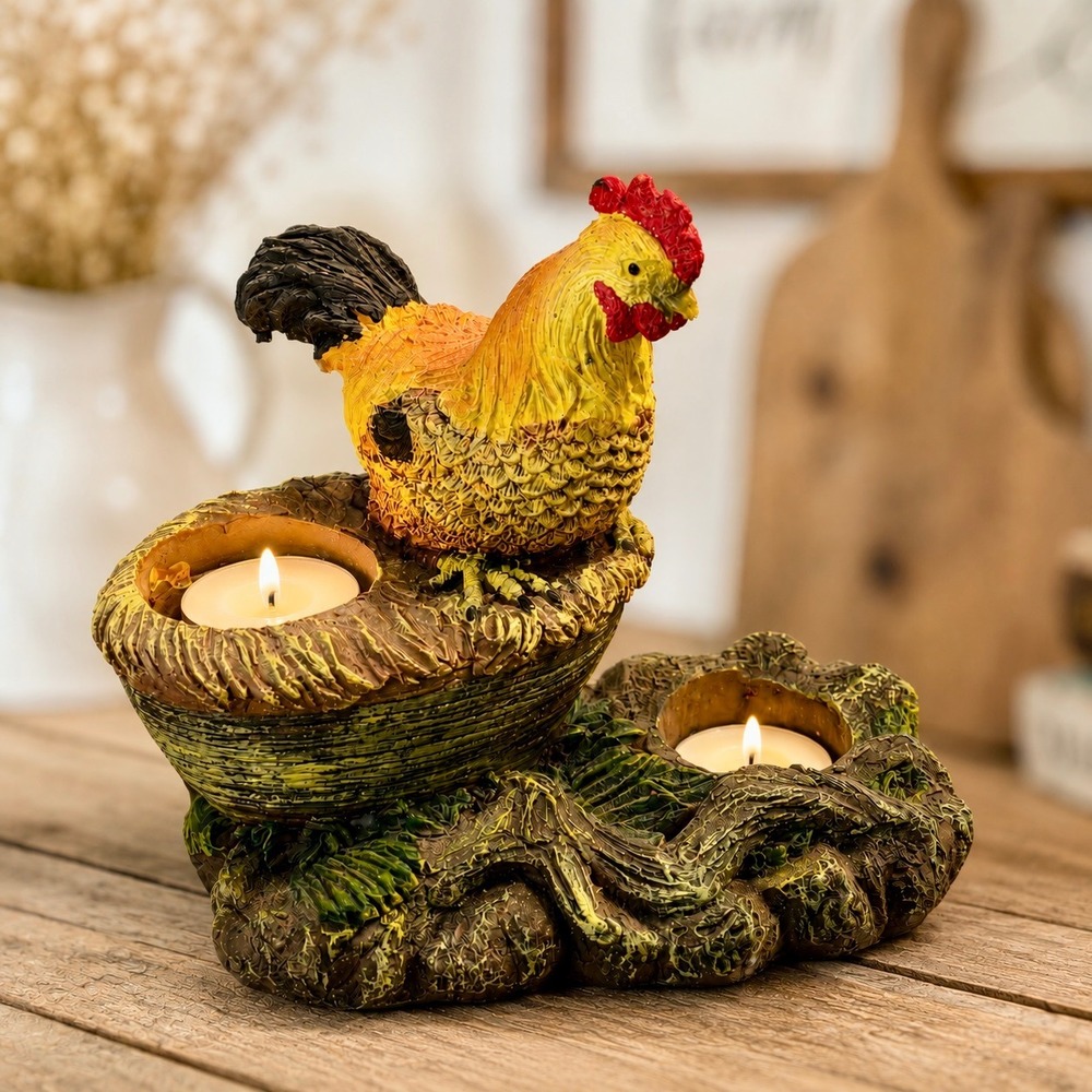 Rooster Chicken Double Tealight Votive Candle Holder Rustic Farmhouse Country